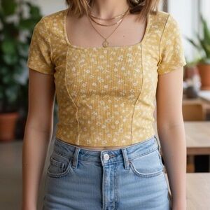 Pink Rose Women's Yellow Ditsy Floral Square Neck Crop Top Small Cottagecore